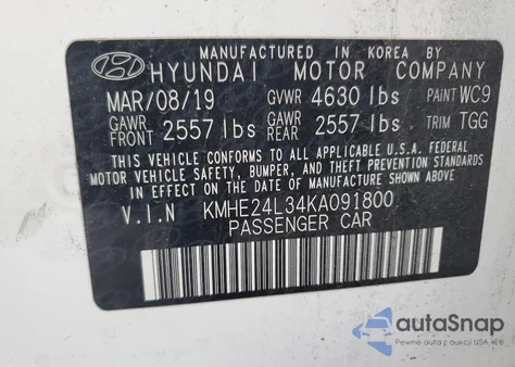2019 Hyundai Sonata Hybrid from USA, damaged, VIN KMHE24L34KA091800